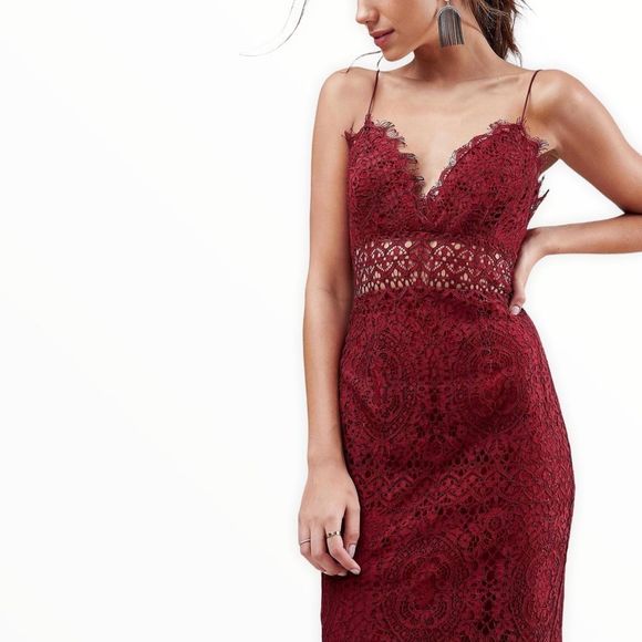 ASOS Petite Lace Inset Cami Strap Midi Pencil Dress Burgundy NWT size 2P - Picture 2 of 13